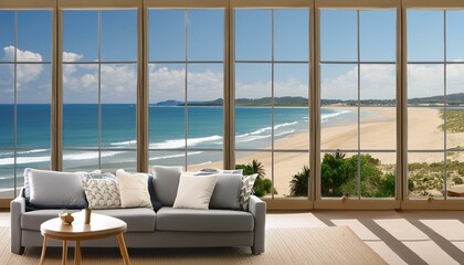 luxury living room with a view on the tropical beach with white sands and turquoise water