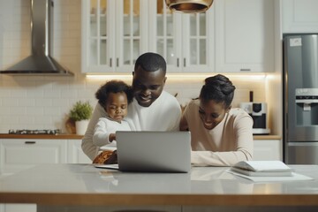 The happy family enjoys a video call in their modern kitchen, with the father, mother, and child smiling together. The moment captures joy, togetherness, and the use of technology for family bonding