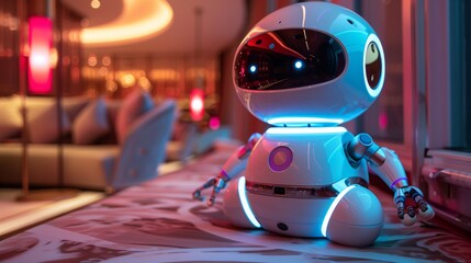 A robot is seated on a table inside a hotel room.