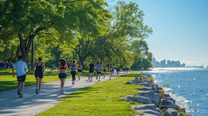  Group of Joggers on a Scenic Path by the Water