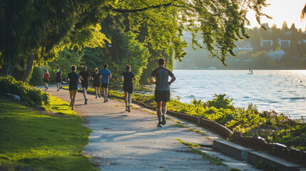  Group of Joggers on a Scenic Path by the Water