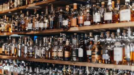 Extensive Collection of Whiskey Bottles on Wooden Shelves in a Specialty Store