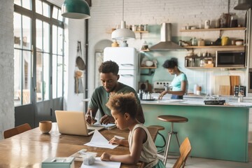 Obraz premium In a vibrant kitchen, a contemporary family is collaborating and cooking together, illustrating a strong bond and unity. They help one another, exemplifying a deep sense of togetherness