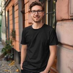 Obraz premium Full body view of fit man wearing black T-shirt mockup