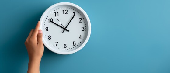 A hand adjusting a white wall clock against a blue background, symbolizing time management and punctuality.