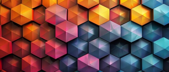 Colorful geometric hexagonal pattern with vibrant gradients, creating a modern and dynamic abstract background. Perfect for digital designs.
