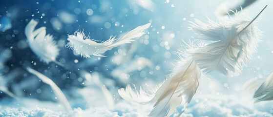 Soft white feathers floating gracefully in an ethereal snowy landscape, creating a dreamy and tranquil winter scene with a soft blue background.