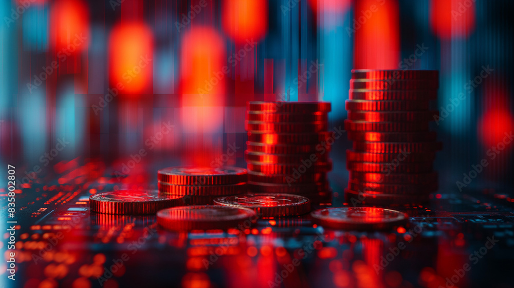 Poster double exposure of graph and rows of coins for finance and business concept.