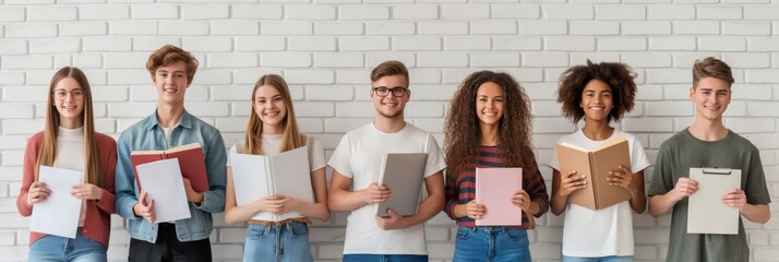 A diverse group of students holding books is standing against a white brick wall background. They represent a multicultural educational community of young adults, learning and studying together