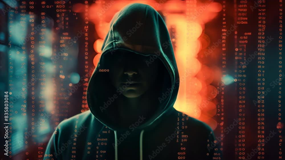 Fototapete Hacker silhouette of hooded man with binary data and terms related to computer crime