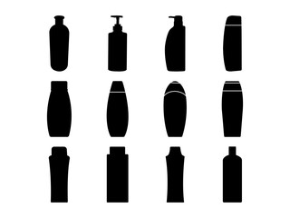 Set of Shampoo Bottle Silhouette in various poses isolated on white background