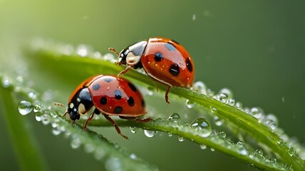Fototapeta premium Ladybugs family on a dewy grass. Close up with shallow DOF