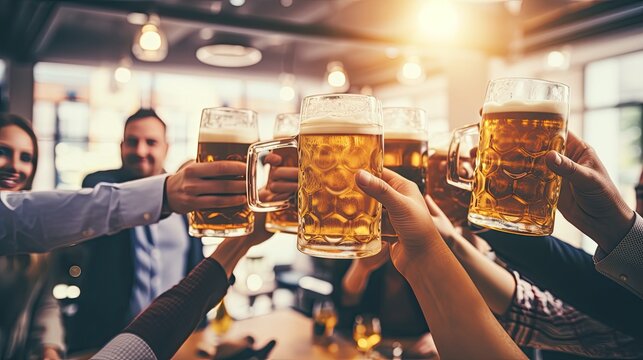 Group of coworkers raising beer steins in a toast to celebrate Oktoberfest in the office cafeteria