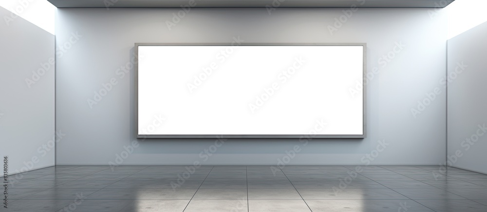 Poster man standing in a gallery room, observing the vacant frames with copy space image potential.