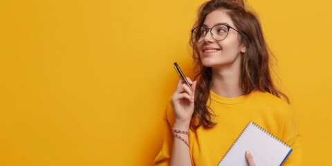 A contemplative young woman, dressed casually, holds a notepad and pen against a yellow background, symbolizing creativity, intelligence, and positive thinking in a modern academic environment