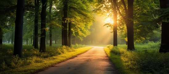 Fototapeta premium Vibrant green trees in a serene autumn forest illuminated by dappled sunlight, creating a picturesque natural scene for a copy space image.
