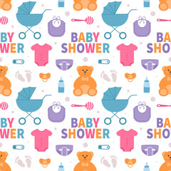 Baby Seamless Pattern Design, A Set of Simple Decorative Elements in a Hand Drawn on Style Cartoon Flat Illustration Template