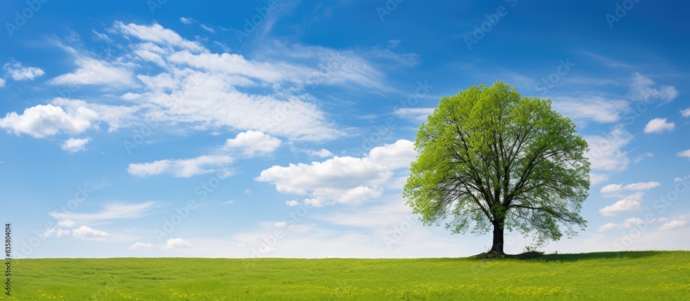 Poster a lone tree set against a clear blue sky and green grass, featuring a spacious background for adding
