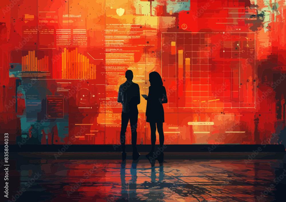 Poster silhouetted business professionals discussing strategy in front of vibrant data visualization charts
