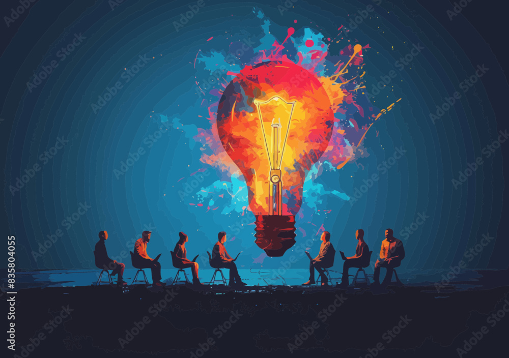 Poster team brainstorming session concept illustration with exploding light bulb abstract background, busin