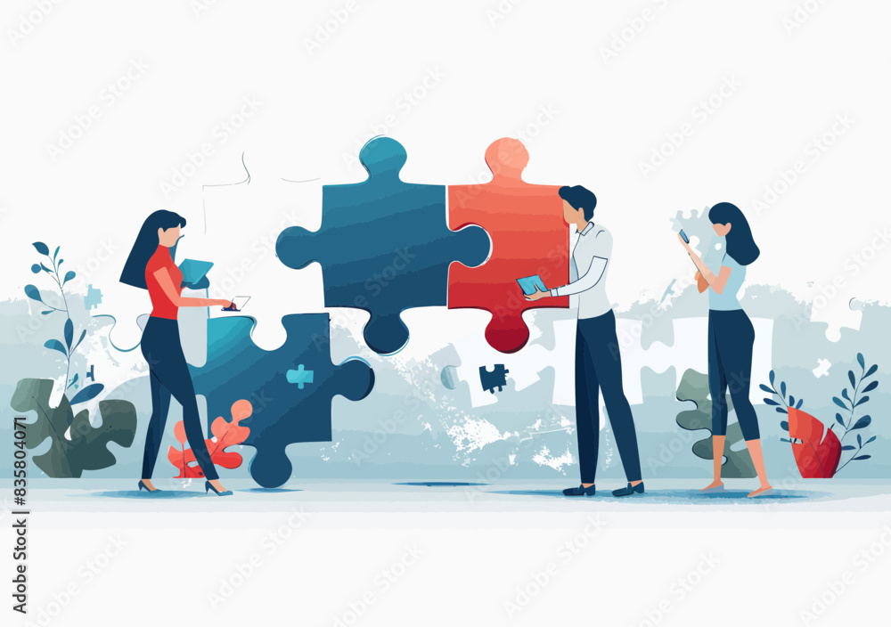 Poster teamwork puzzle solving concept: workers collaborating to find solutions, minimalistic vector illust