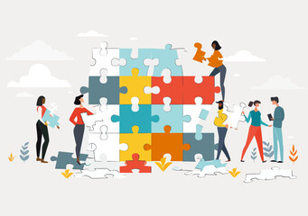 Teamwork Collaboration Concept with People Holding Puzzle Pieces Building Common Path Vector Illustration Minimalistic