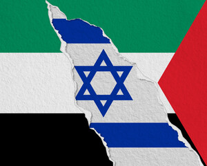 The flags of Israel and Palestine on tear paper