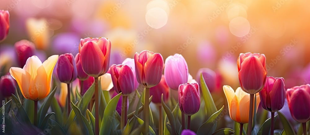 Poster vibrant tulip field blooming in the spring with copy space image included.