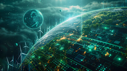 A digital rendering of Earth with green energy symbols like wind turbines and solar panels, green Planet, dynamic and dramatic compositions