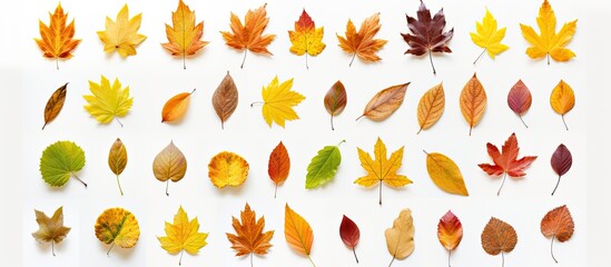 Multicolored fallen autumn leaves set against a white background, creating a seasonal copy space image.