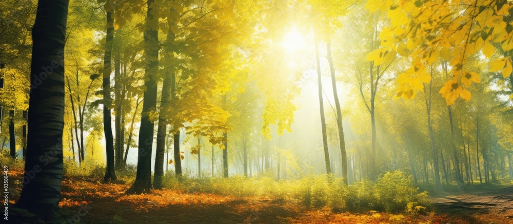 Poster autumn scenic view in a lush green forest contrasted by a vibrant yellow tree, exemplifying diversit