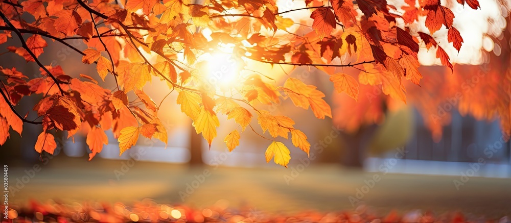 Poster vivid red autumn leaves against a blurred forest backdrop with very shallow focus, creating a colorf