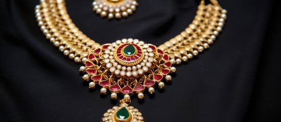Fototapeta premium An elegant Indian gold necklace adorned with colorful gemstones, creating a breathtaking piece with a beautiful design perfect for any occasion. Copy space image. Place for adding text and design