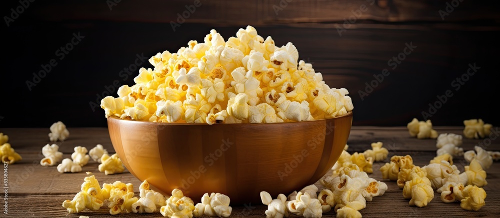 Poster a bowl of salted popcorn set on a rustic table with a copy space image.