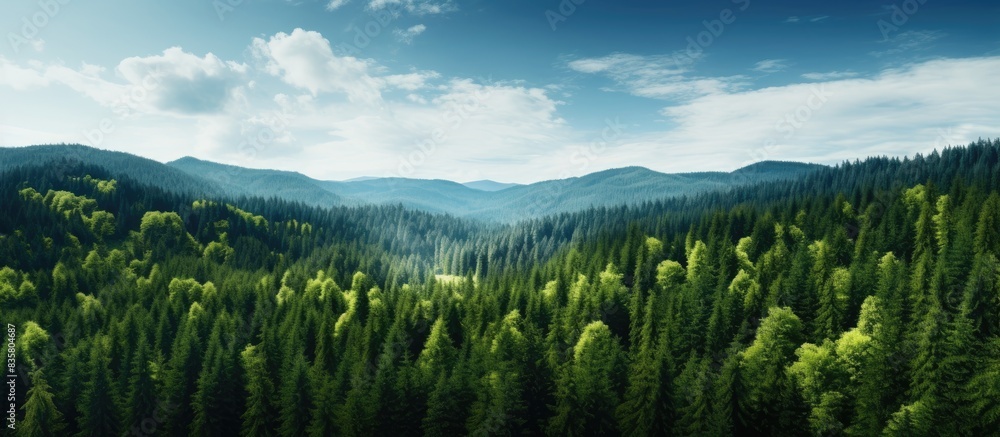 Poster aerial view of a sunlit forest in summer, ideal for use as a summer background with copy space image