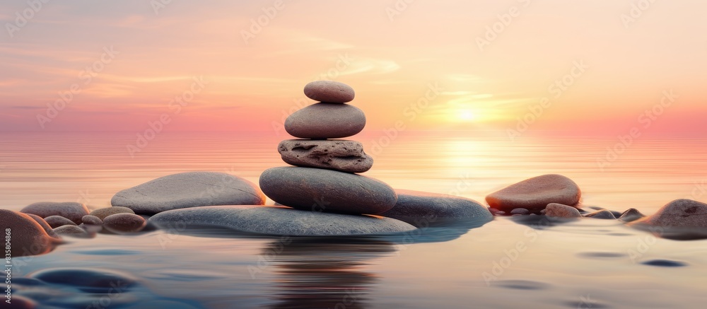 Aufkleber zen stones stacked in a serene environment with a calming sunset backdrop, creating a sense of tranq