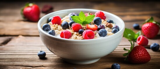 Black bowl holding breakfast cereals, berries, and mint on a gray tablecloth with copy space image.