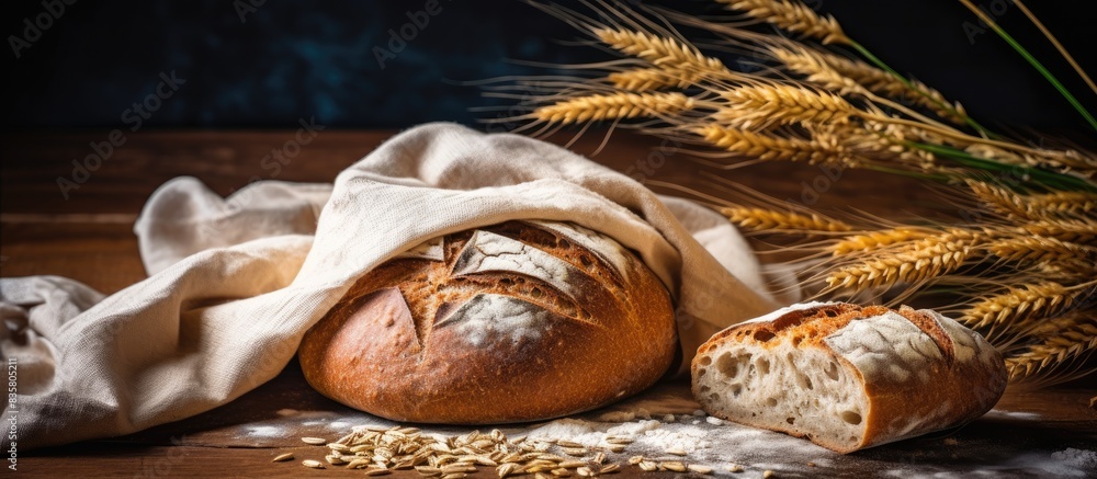 Poster Artisan sourdough bread with wheat ears on a white background, providing ample copy space image.