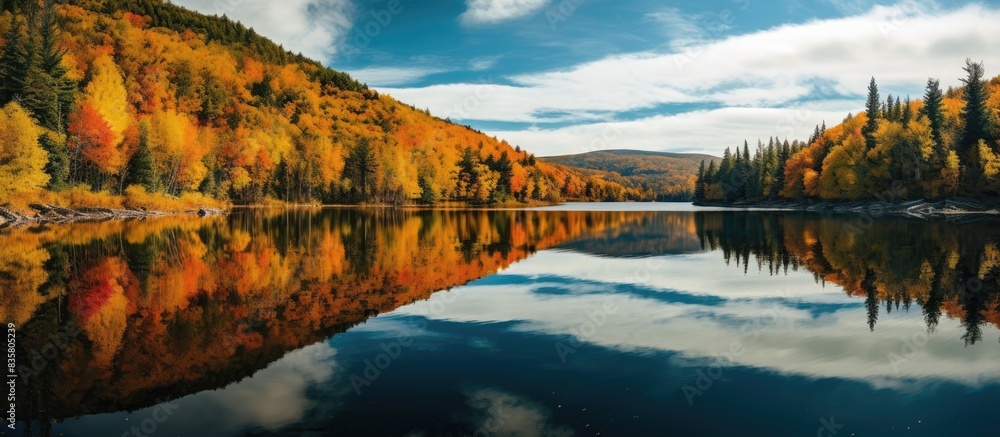 Poster autumn landscape with a lake mirroring the sky, creating a tranquil scene with copy space image.