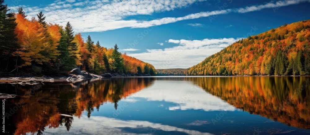 Poster autumn landscape with a lake mirroring the sky, creating a tranquil scene with copy space image.