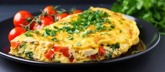Copy space image of a nutritious breakfast or lunch with an egg omelet and cauliflower cooking in a cast-iron pan on a light stone table.