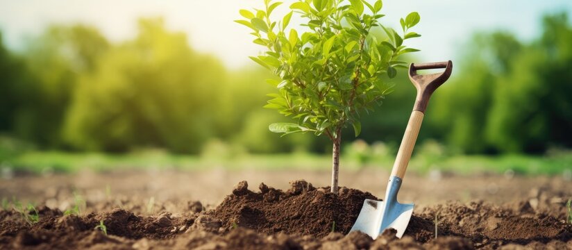 A gardener is watering a newly planted apple tree seedling with a bucket, creating a serene image with copy space. - Powered by Adobe