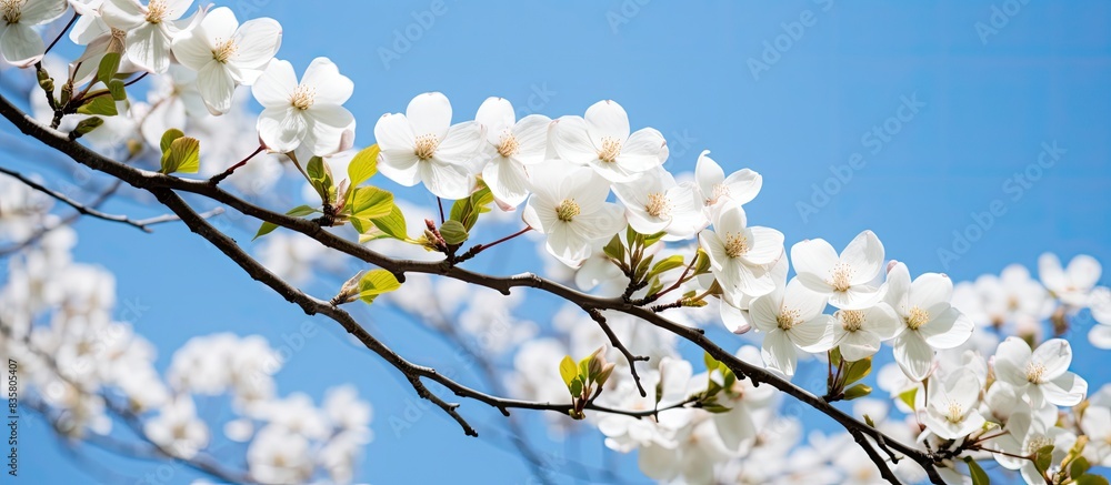 Aufkleber white dogwood flower tree in a backyard with a blank space image. copy space image. place for adding