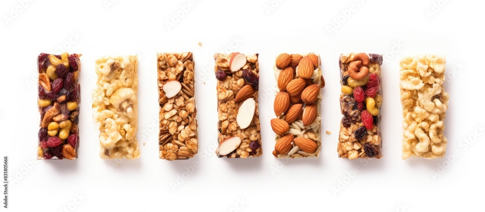 Poster a granola energy bar with assorted nuts for a healthy snack, shown in a top view on a white backgrou