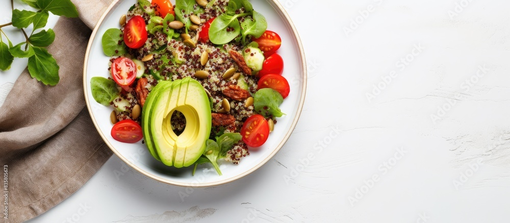 Poster top view of a nutritious breakfast power plate on a white background with copy space image.