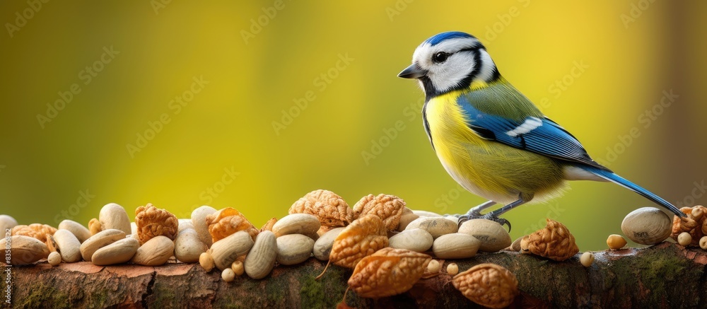 Poster in summer, birds are captured in an image emptying a bird feeder of seeds in a garden setting, creat