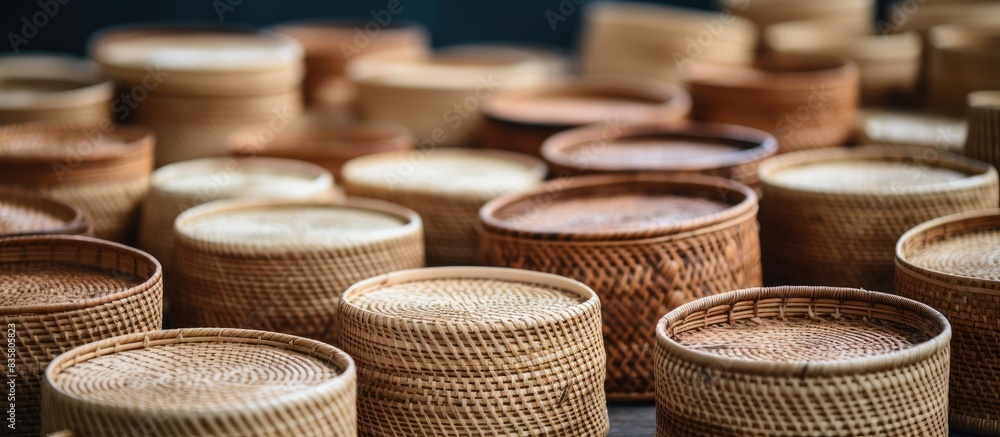 Aufkleber exotic and functional handwoven rattan vases arranged on a white background with copy space image.