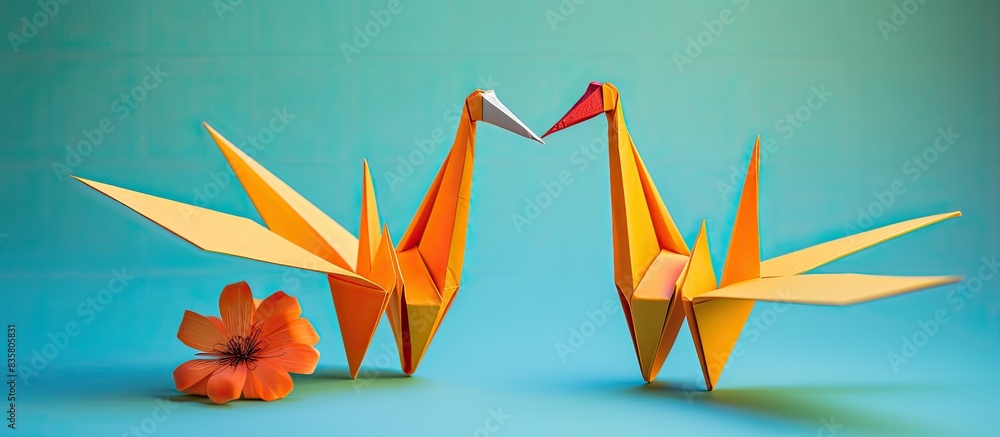 Poster paper crane in green color set against a yellow backdrop with copy space image.