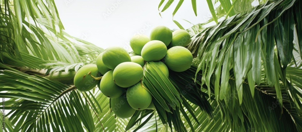 Poster an image featuring a single coconut palm tree on a white backdrop with empty space around it for tex