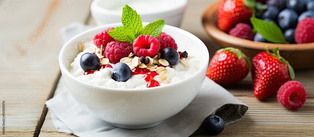 Poster a healthy breakfast featuring oatmeal topped with an assortment of berries and fruits, displayed fro